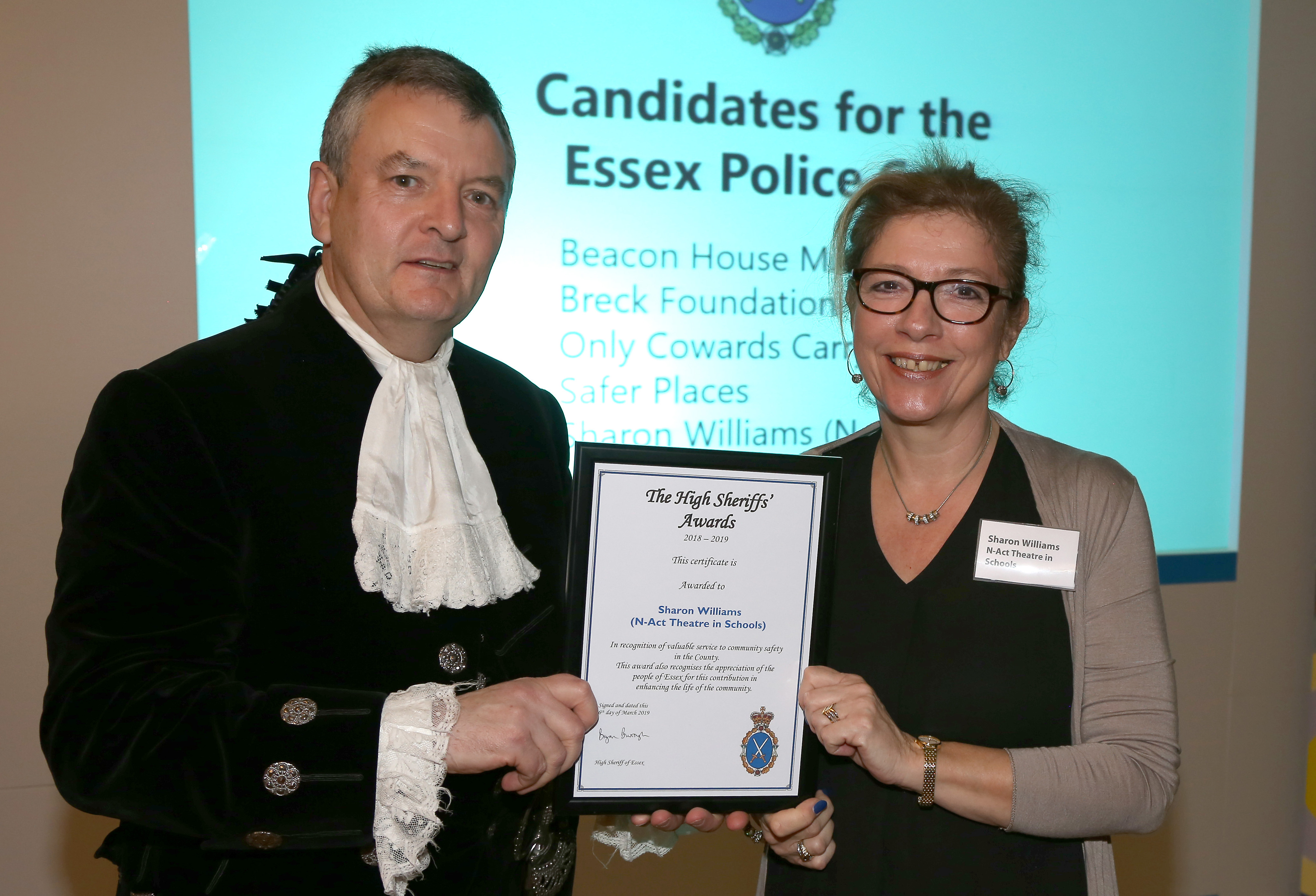 Receiving a High Sheriff of Essex Award 2019 for our work.